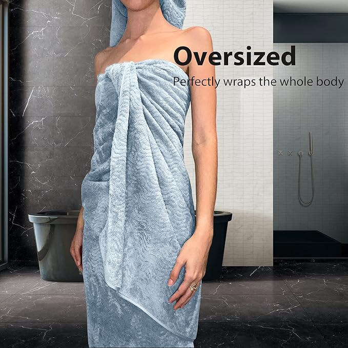Ultra Soft Bath Towel Set of 4, Blue Extra Large Textured Microfiber Luxury Towels 35x70 in, Quick Dry, Highly Absorbent, Fluffy, Oversized, for Bathroom Shower Pool Hotel Beach