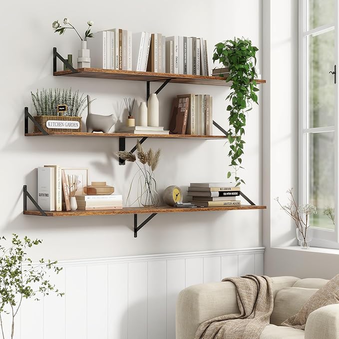 Fun Memories Deep Floating Shelves, 55W x 12D Floating Shelves for Wall, Wood Floating Shelf with Bracket, Wide Display & Storage Wall Shelves for Living Room, Bedroom, Rustic Brown