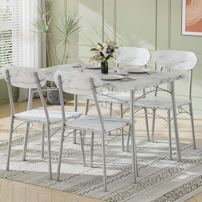 VECELO Dining Table Set for 4, 5-Piece Kitchen Table with 4 Chairs, MDF Board Tabletop with Metal Frame for Small Space, Compact Dinette, Breakfast Nook, White