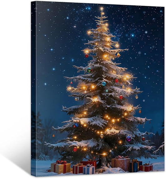 Framed Christmas Pictures Wall Decor,Vintage Pine Tree Prints,Winter Christmas Canvas Wall Art Decoration for Bedroom Bathroom Living Room Rustic Xmas Holiday Gifts (Christmas Tree 13, 20'' X 32'')