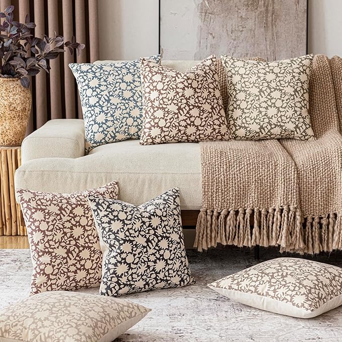 Foindtower Set of 2 Decorative Neutral Floral Throw Pillow Covers Accent Farmhouse Cushion Covers Boho Vintage Pillowcase for Couch Sofa Bedroom Living Room Home Decor Outdoor,24×24 Inch,Dusty Blue