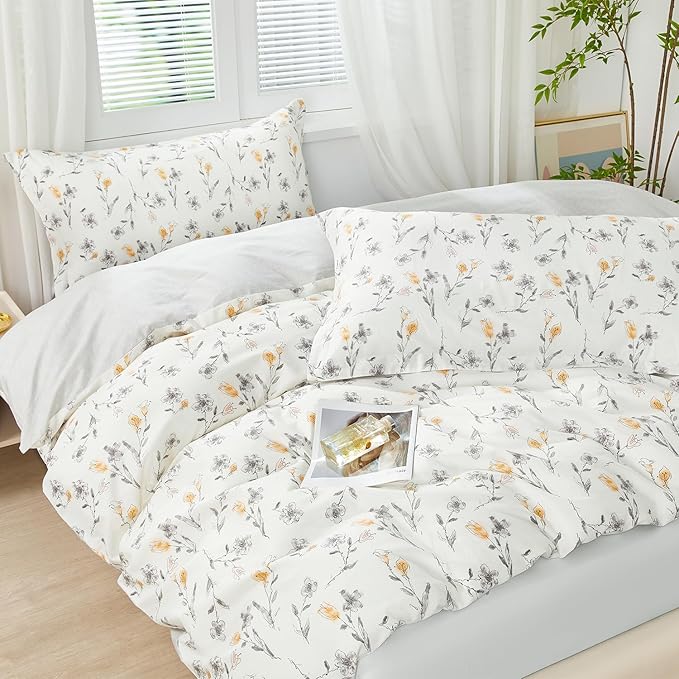 SAPHREAS Water Ink Grey Floral Duvet Cover Set King Size 3pcs Yellow Calla Lily Flowers White Bedding Comforter Cover Set 100% Cotton 1 Duvet Cover 104"x90" 2 Pillow Shams, Comforter Not Included