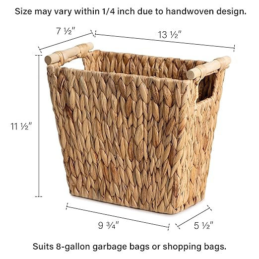 StorageWorks Wicker Waste Basket with Wooden Handles, Bathroom Trash Can, Wicker Trash Can for Bedroom, Office, Living Room, 12 Liters, 1 Pack