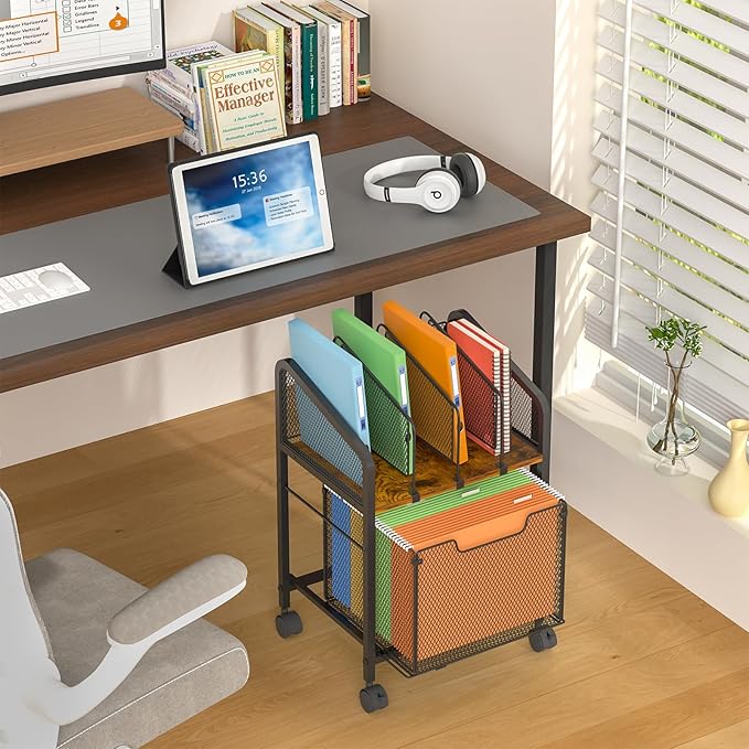 Rolling File Cabinet with Adjustable Dividers, Mobile Filing Cabinet with Storage Drawer on Lockable Wheels, Hanging File Organizer Beside Under Desk for Office, Home（Patent Pending）