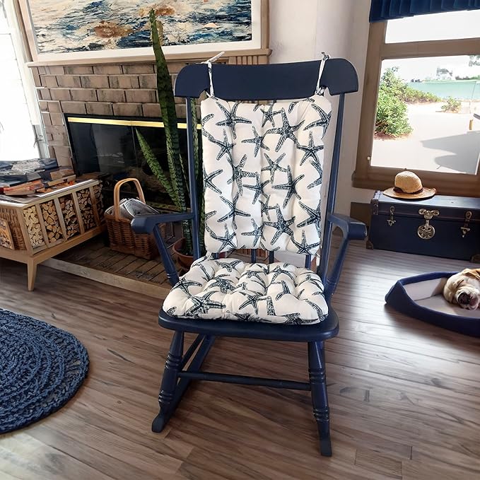 Sea Shore Starfish Navy Porch Rocker Cushions - Size X-Large - Indoor-Outdoor: Fade Resistant & Weatherproof - Latex Foam Filled Rocking Chair Seat Cushion & Backrest Pad Set - Made in USA (Blue-XL)