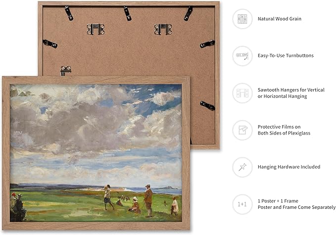 Poster Master Vintage Lady Astor Playing Golf at North Berwick Painting Poster - Retro Golf Course Print - Golf Art - Sports Art - Landscape Art - Office or Living Room Decor, 8x10 Beige Framed