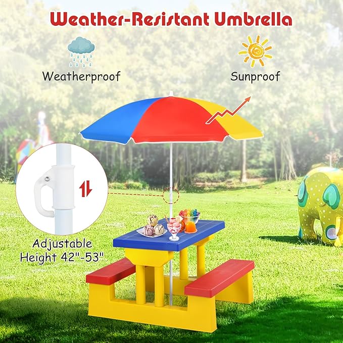 DORTALA Kids Picnic Table, Outdoor Toddler Table and Bench Set with Removable Umbrella, Plastic Kids Activity Table Set for Backyard, Garden, Nursery, Gift for Boys Girls Age 3+, Colorful