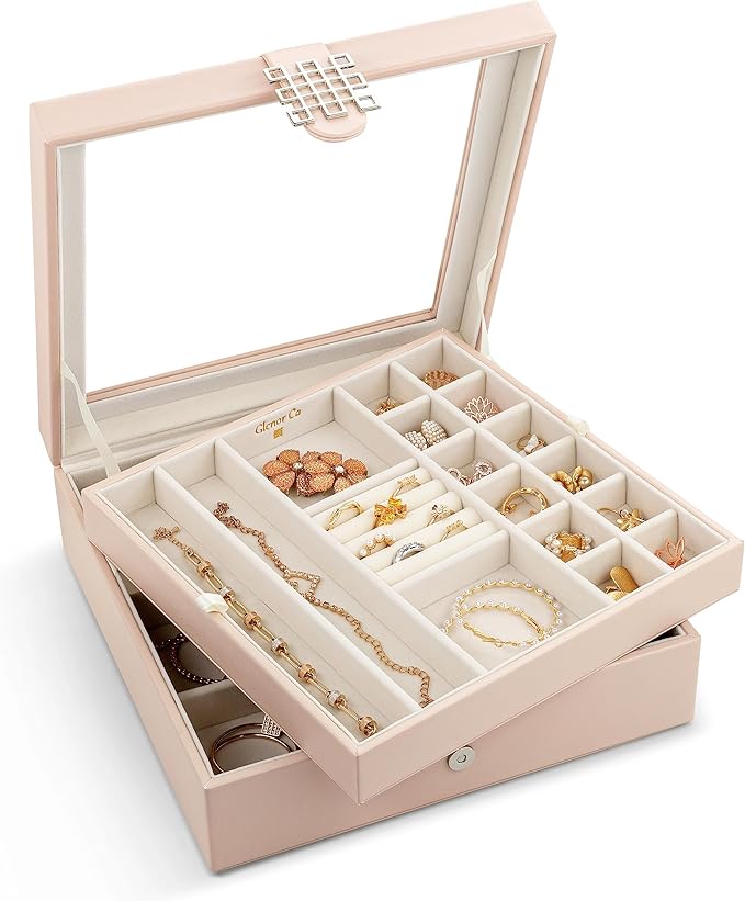 Co 28 Section Jewelry Box - 2 Layer - Buckle Snap & Magnet Closure - Large Glass Top - Leather Design - Sand - Jewelry Organizer for Women & Girls - for Earring Ring Necklace & Bracelet