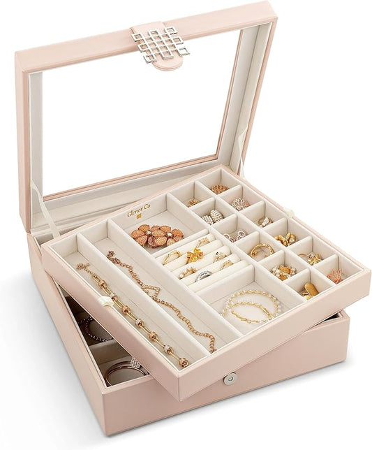 Co 28 Section Jewelry Box - 2 Layer - Buckle Snap & Magnet Closure - Large Glass Top - Leather Design - Sand - Jewelry Organizer for Women & Girls - for Earring Ring Necklace & Bracelet