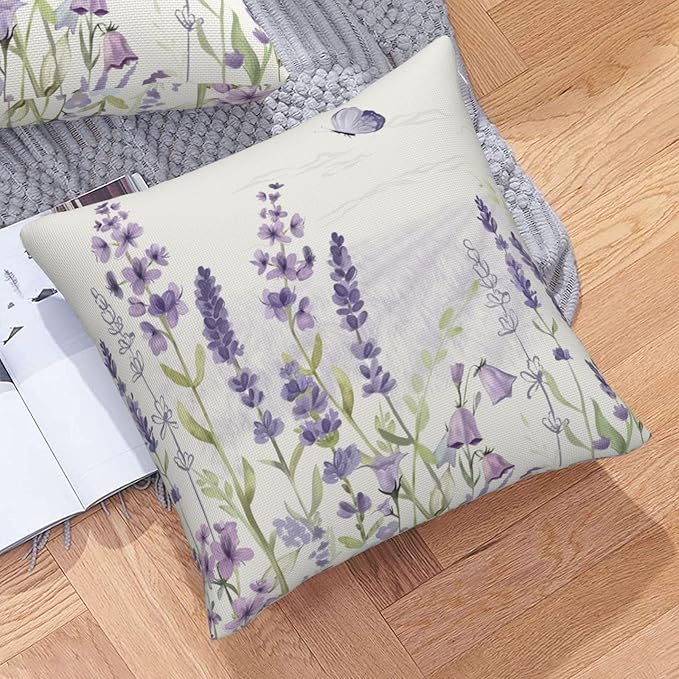 Spring Lavender Pillow Cover 22x22 Inch Set of 2 Purple Flowers Throw Pillow Covers Summer Watercolor Floral Decorations Linen Cushion Covers Farmhouse Home Decor for Sofa Couch Outdoor