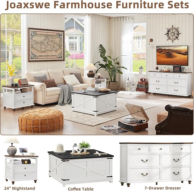24" Wide Farmhouse Night Stand Set of 2,Large End Table with 2 Drawers & Metal Handle,White Wood Dresser for Bedroom, Bed Side Table Chest of Drawers Cabinet, Nightstand for Living Room,Closet