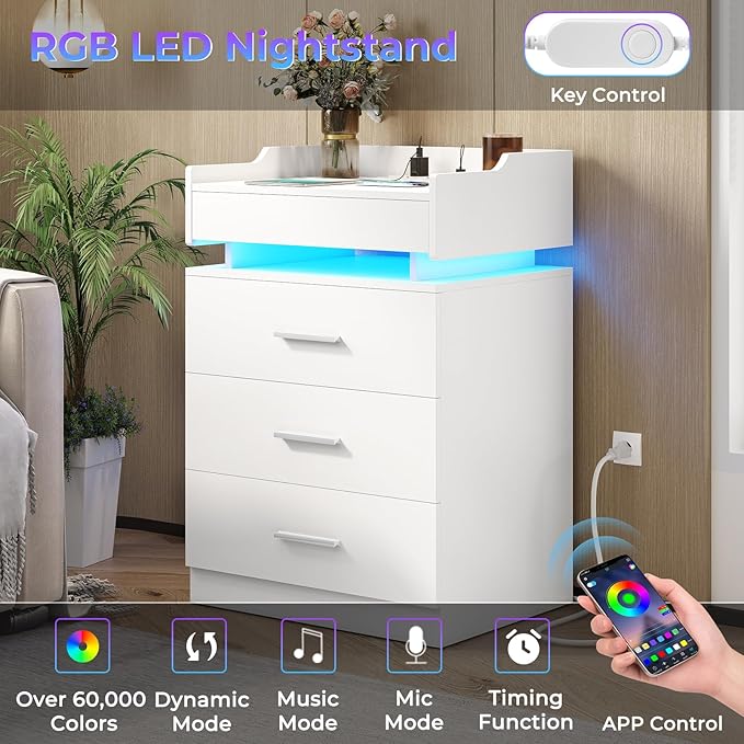 Large Nightstand with Charging Station and LED Lights, White Night Stand with 3 Drawers and 1 Pull-Out Tray, Modern Bedside Table with Outlets, End Table Side Table with Storage
