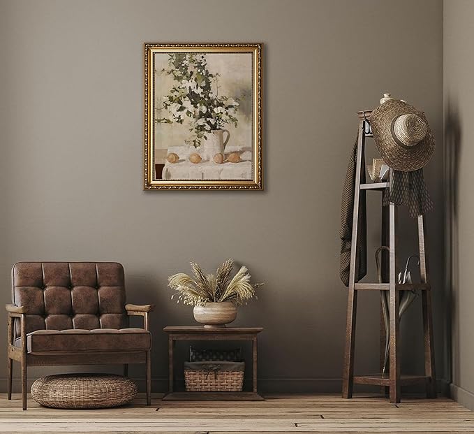 Farmhouse Kitchen Canvas Wall Art Vintage Country Neutral Rustic Muted Flower and Lemon Still Life Painting Picture Wall Decor Poster Print Artwork for Farm Dining Room Home Decoration Unframed