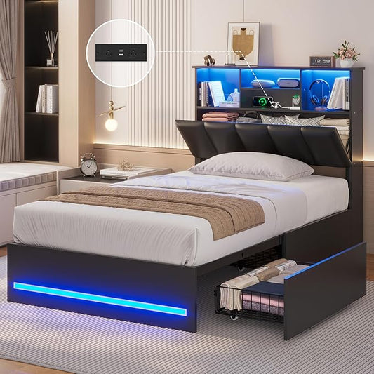AOGLLATI Twin Bed Frame with 4 Storage Drawers & Charging Station & LED Lights, Twin Bed Frames with Stylish Bookcase Headboard, Led Bed Frame with Metal Slats, No Box Spring Needed,Black