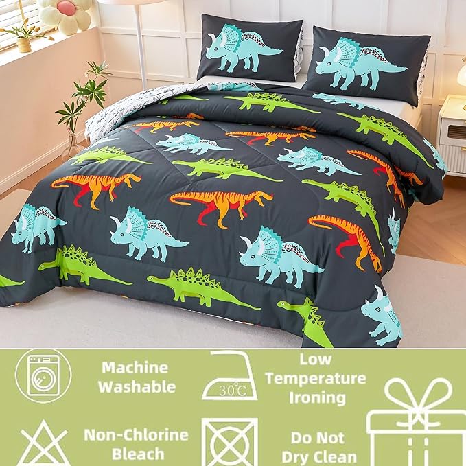 RYNGHIPY Dinosaur Bedding Set - Twin Size Kids Comforter Set for Boys & Girls - Soft, Breathable, Cute Dinosaur Bed Set for All Season (Black, Twin)