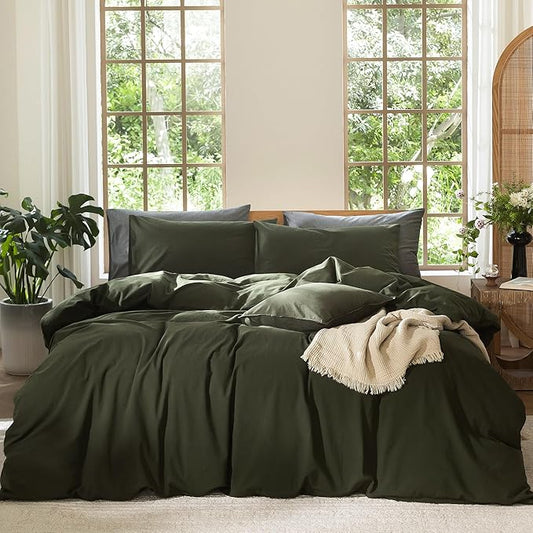 MooMee Bedding Duvet Cover Set 100% Washed Cotton Linen Like Textured Breathable Durable Soft Comfy (Solid Olive Green, Alaska King 132"x120")