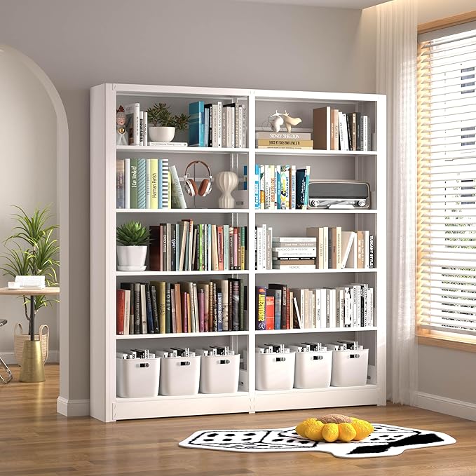 White Bookshelf, 5-Tier Bookshelf with Adjustable Storage Shelves, Freestanding Bookcases and Bookshelves, Wide Bookshelf for Home Office, Living Room, Bed Room, Including Book Stopper (White)