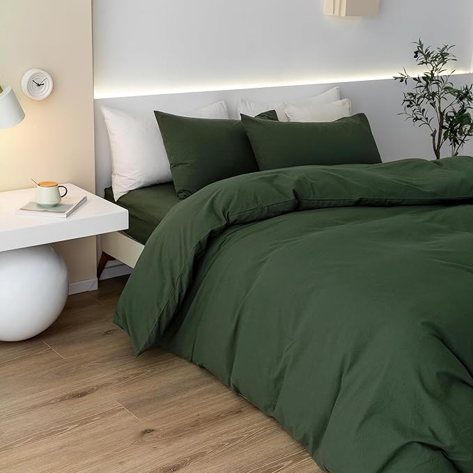 JIYUAN 100% Washed Cotton Duvet Cover Set 3 Pieces Cal King, 1 Duvet Cover 104x98 Inches(Comforter Not Included) and 2 Pillowcases,Linen Feel Bedding Set Comfy and Breathable,Forest Green