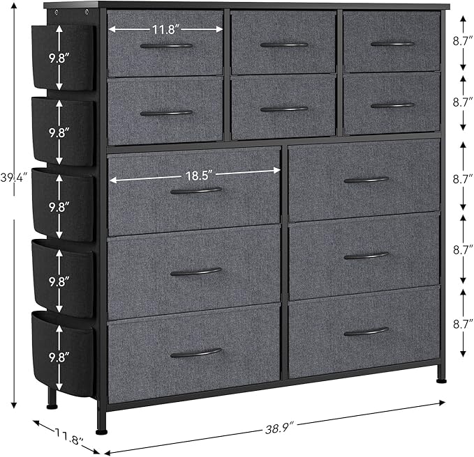 Dresser for Bedroom with 12 Drawers, Tall Dresser Chest of Drawers with 5 Side Pockets and Hooks, Wooden Top Fabric Dresser Storage Tower for Closet, Hallway, Living Room, Dark Grey