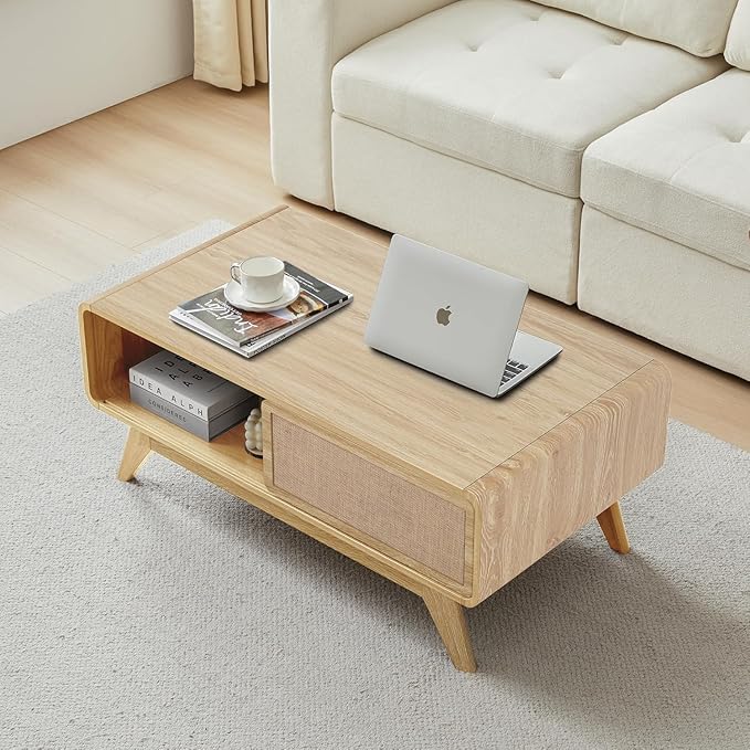 AVZEAR Boho Modern Coffee Table with Storage for Living Room, Wood Coffee Table with Nature Linen Doors, Curved Edge Center Table Farmhouse Coffee Tables for Living Room, Natural Color