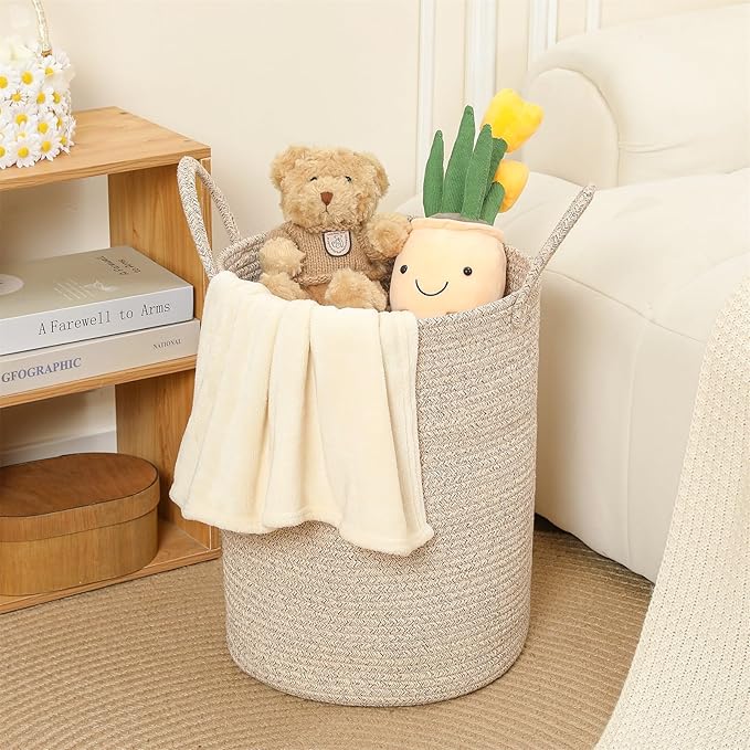40L Woven Laundry Basket Hamper, 100% Natural Cotton Rope, Handwoven & Durable, Storage for Blankets, Toys, Clothes, Decorative Nursery Hamper for Living Room, Baby Room, Bedroom (Brown and White)