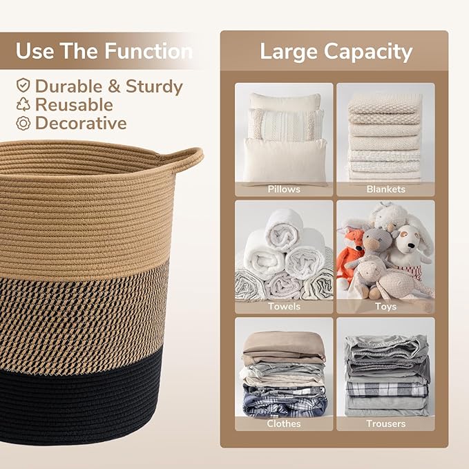 INDRESSME Laundry Basket Large Laundry Hamper, Woven Baskets for Storage, 17.8" x 15.8" x 13.8", Wicker Laundry Basket for Living Room, Dirty Clothes Basket, Baby Hamper for Nursery, Black & Jute