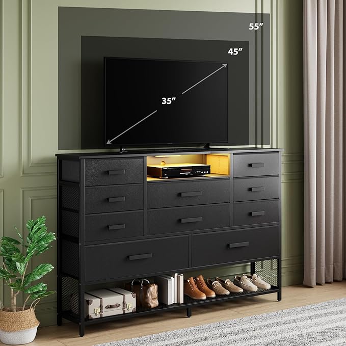 Black Dresser for Bedroom with 10 Drawers, Chest of Drawers with Charging Station, TV Stand Storage with LED Light for 55" TV, Fabric Drawers with PU Finish, Dresser with Shelves for Closet