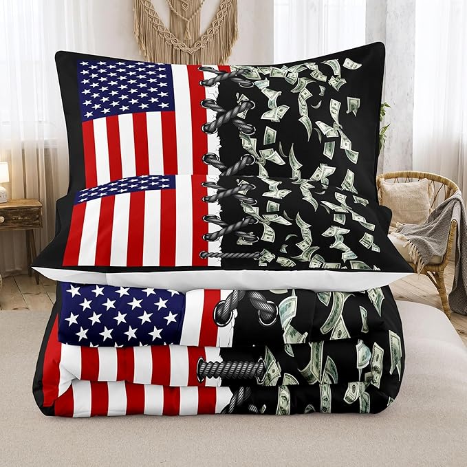 Tailor Shop American Flag Comforter Sets Twin Size,Money Comforter Set American Flag Bedding Sets for Kids Boys Teens One Hundred Dollar Bedding Sets 2 Piece with 1 Comforter and 1 Pillowcase……