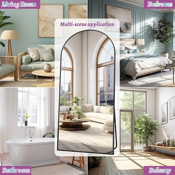 Full Length Mirror, 72"x44" Oversized Floor Mirror Freestanding, Full Body Mirror Floor Standing Mirrors with Stand, Hanging Mounted Mirrors for Bedroom Living Room, Black, Arched Style