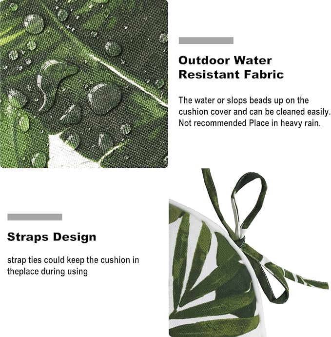 Set of 2 Outdoor Chair Cushions with Ties,Water Repellent Patio Chair Pads 17"x 16" for Outdoor Furniture,Round Corner Seat Cushions for Garden Yard Kitchen Palm Green