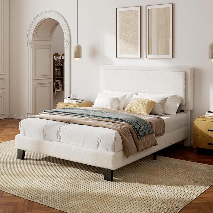 Full Size Bed Frame with Adjustable Headboard, Boucle Cloud Platform Bed with Wood Slats, Mattress Foundation, No Box Spring Needed, Easy Assembly, Beige