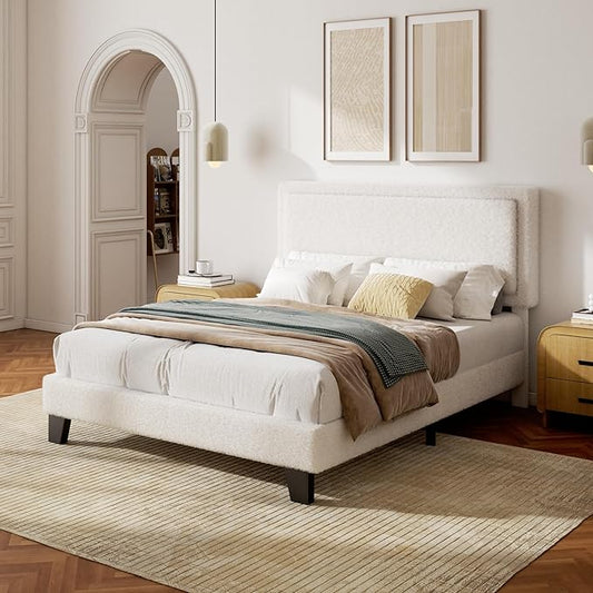 Full Size Bed Frame with Adjustable Headboard, Boucle Cloud Platform Bed with Wood Slats, Mattress Foundation, No Box Spring Needed, Easy Assembly, Beige