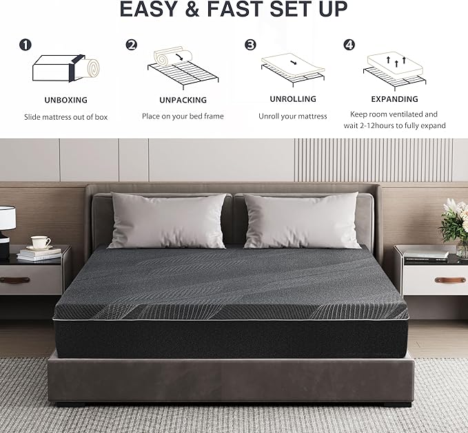 Twin XL Mattress 12 Inch Charcoal Memory Foam in a Box, CertiPUR-US Certified Fiberglass Free, Gel Mattress, Made in The USA of US Foam, 80" × 38" × 12", Medium