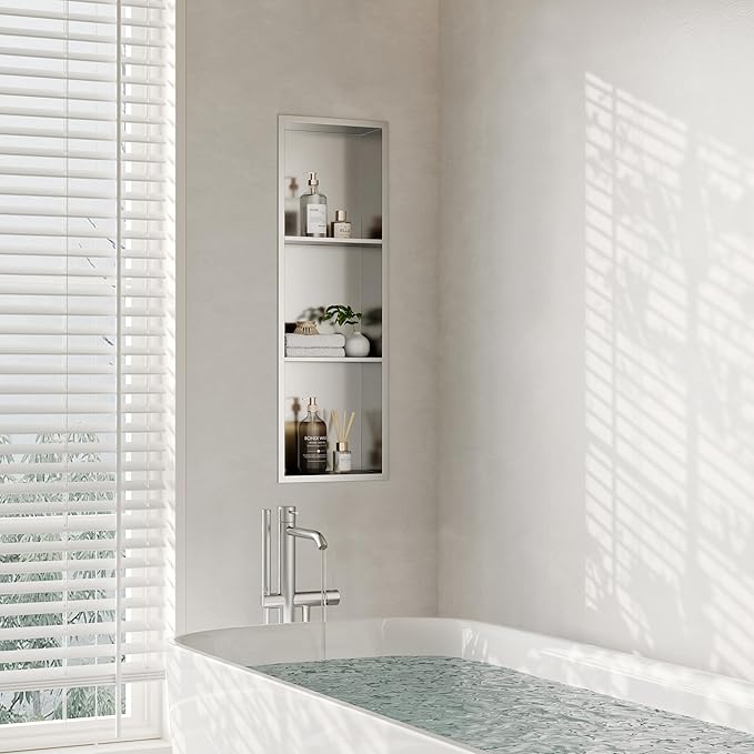 Stainless Steel Shower Niche 12" X 36", Bathroom Wall Niche Three-Tier, No Tile Needed Recessed Shower Shelf for Bathroom Storage, Brushed Nickel