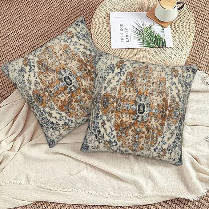 Boho Throw Pillow Covers 20x20 Set of 2, Ethnic Carpet Pattern Pillow Covers Gold Blue Rustic Farmhouse Cushion Cases Linen Decorative Gifts for Couch Sofa Indoor Outdoor