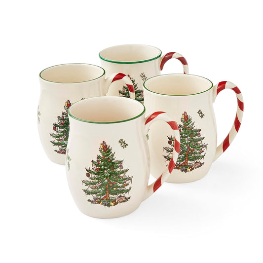 Spode Christmas Tree 14 oz Holiday Mugs (Set of 4) - Festive Coffee Cups with Peppermint Candy Cane Handle, Stoneware Christmas Drinkware Ideal for Hot Cocoa, Holiday Tea & Winter Beverages