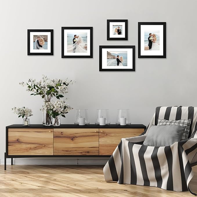 9x12 Picture Frame Set of 4 with Tempered Glass, Black Frames Display 6x8 Picture with Mat or 9 x 12 Without Mat, Photo Frames for Tabletop Display and Wall Mounting