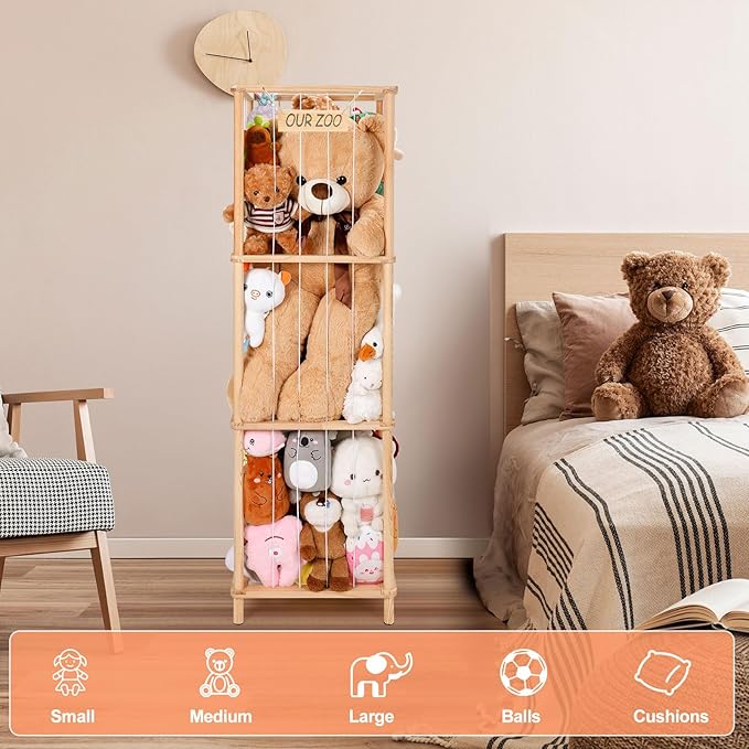 ACEPRUT Wood Stuffed Animal Storage Holder for 50 Plushies, Three Tier Vertical Large Stuffed Animal Zoo Organizer for Playroom Bedroom, Toy Storage Birthday Gifts for Kids