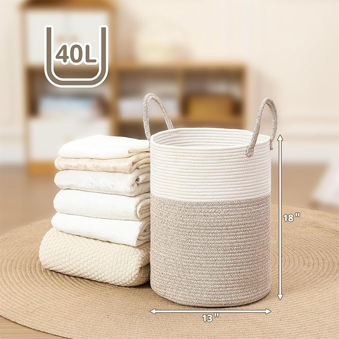40L Woven Laundry Basket Hamper, 100% Natural Cotton Rope, Handwoven & Durable, Storage for Blankets, Toys, Clothes, Decorative Nursery Hamper for Living Room, Baby Room, Bedroom (Brown and White)