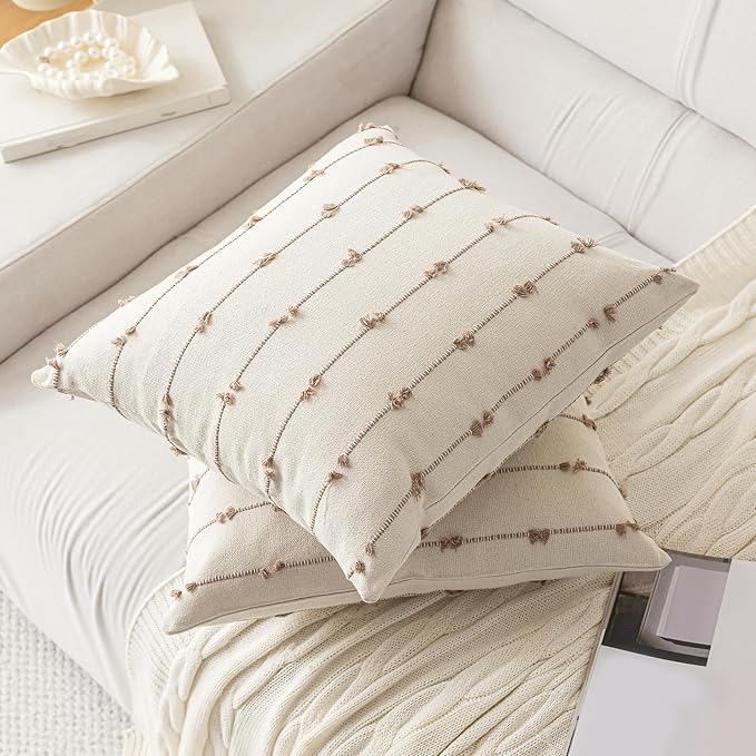 Boho Throw Pillow Covers 20x20 Set of 2 Modern Farmhouse Decorative Cushion Case Tufted Square Pillows Cover Neutral Pillow Cases Accent Pillowcase for Sofa,Couch,Bed,Beige and Khaki