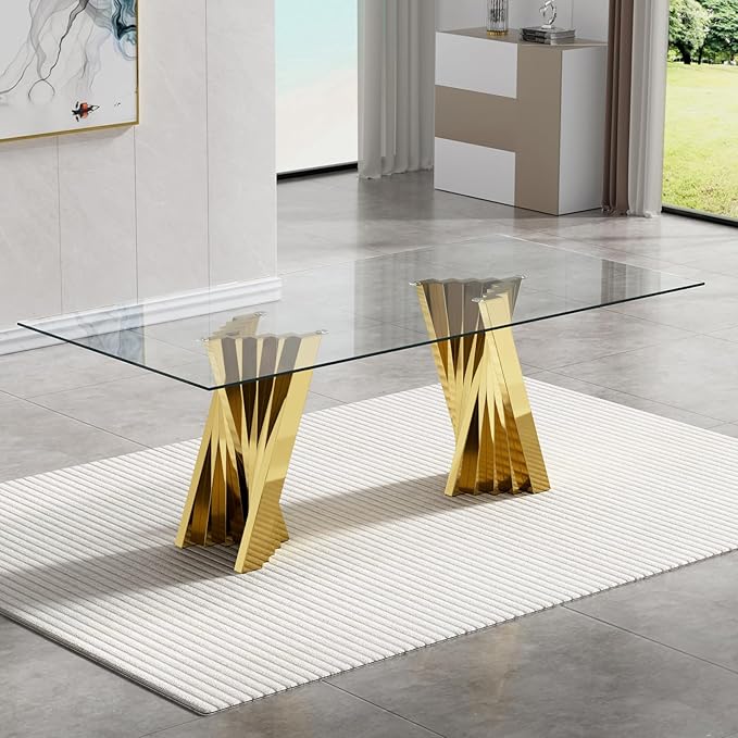 Goujxcy Modern 5 Piece Glass Dining Table Set Luxury Glass Kitchen Table and Chair Set for 4, 70" Large Rectangular Dining Room Table with 4 Tufted Chairs and Stainless Steel Legs (Gold & Green)