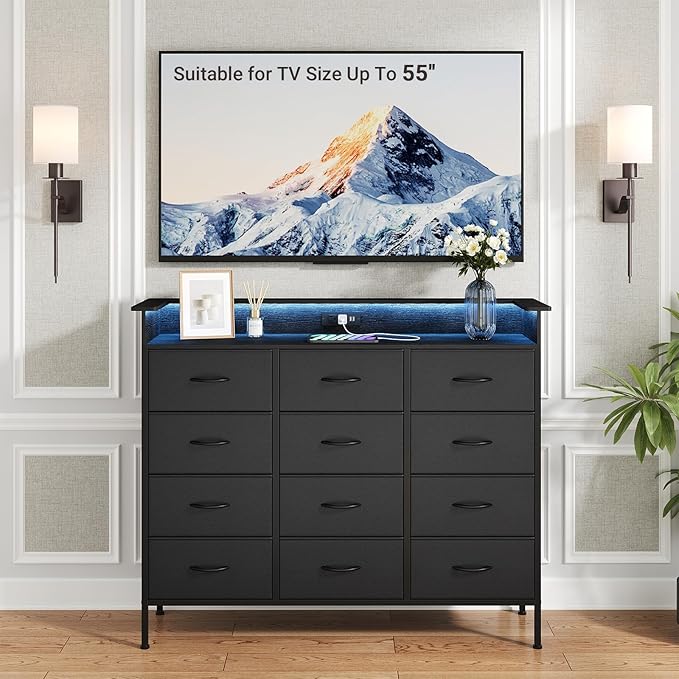 ELYKEN 50”W Black Dresser for Bedroom, Tall Dresser with 12 Drawers and Charging Station, Fabric Chest of Drawers with PU Finish Storage Drawers for Entryway Closet Living Room Hallway