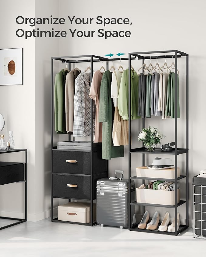 SONGMICS Clothes Rack, 70.9 Inch Wardrobe Freestanding Closet, Heavy Duty Garment Rack with 1 Extendable Hanging Rod, 2 Drawers and 4 Shelves, for Bedroom, Space-Saving, Ebony Black URGR003B56