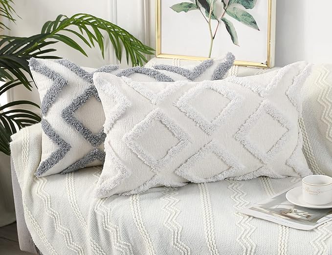 Diamond Pattern Long Pillow Covers 12 x 26,Plush Chenille Decorative Long Lumbar Pillow Case Pillow Covers Cushion Case for Sofa Couch Bed Livingroom Farmhouse,Modern Boho,Grey