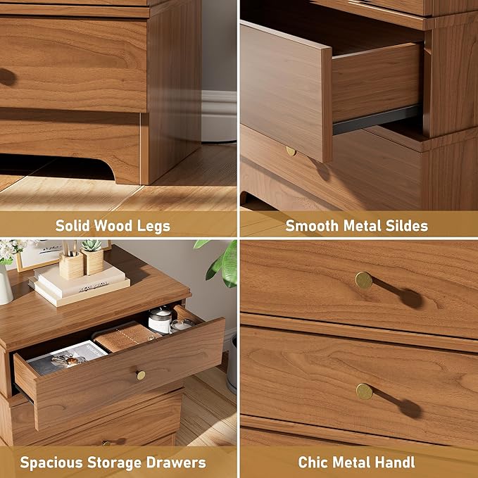 3 Drawer Nightstand with Charging Station,24" Farmhouse Night Stand & Modern Bedside Table, Wood End Table Storage Cabinet for Bedroom Hallway, Entryway,Brown
