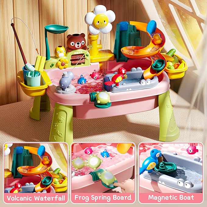Upgraded Toddler Sand Water Table Toy with Electric Water Pump, Kids Sand Water with Faucet/Play Food Accessories/Fishing Toy, Kitchen Play Sink Toys for Girl Boy Age 3+