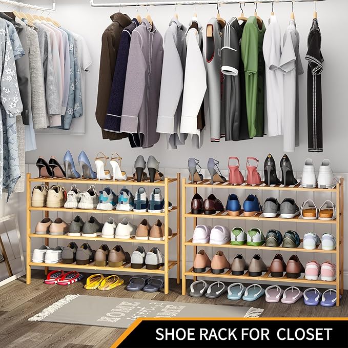 Long Shoe Rack, 4-Tier Bamboo Stackable Shoe Shelf Storage Organizer, Shoe Stand for Closet, Entryway and Hallway