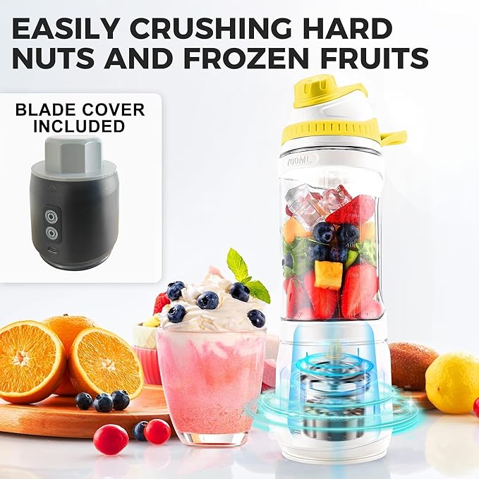 Portable Blender, Anti-Jamming 300 Watt for Shakes and Smoothies, 24oz Travel Blender USB Rechargeable, BPA Free Sporty bottle with a Travel Lid. (Black Base Grey Lid) (Yellow Base Yellow Lid)