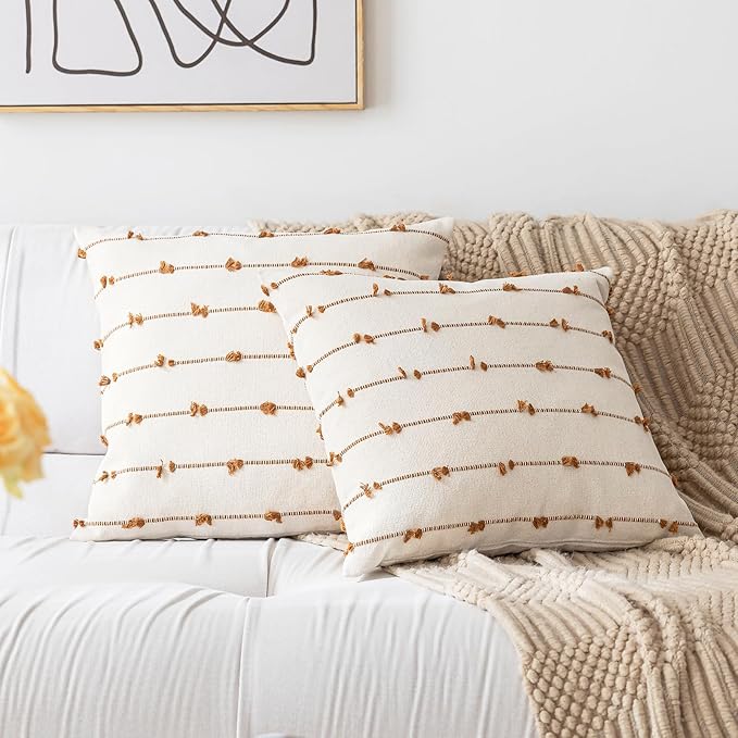 Boho Throw Pillow Covers 26x26 Set of 2 Modern Farmhouse Decorative Cushion Case Tufted Square Pillows Cover Neutral Pillow Cases Accent Pillowcase for Sofa,Couch,Bed,Beige and Brown