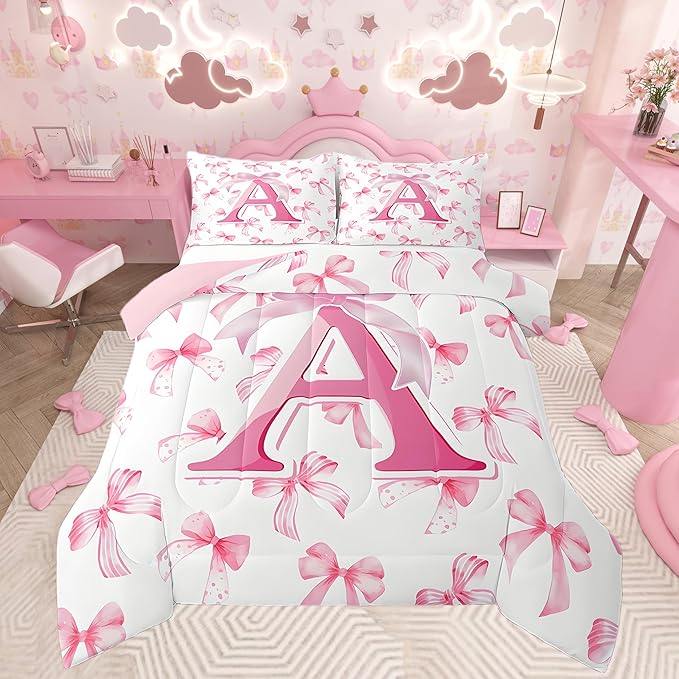 jejeloiu Kids Girls Cute Pink Bow Comforter Set King Size Monogrammed Bedding Set Ultra Soft Personalized Initial A Duvet Quilt Coquette Bow Knot Quilt Set Room Decor Modern Fashion Comforter